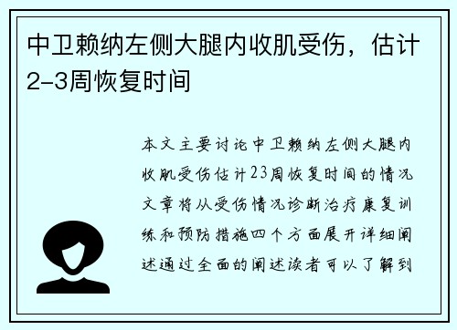 中卫赖纳左侧大腿内收肌受伤，估计2-3周恢复时间